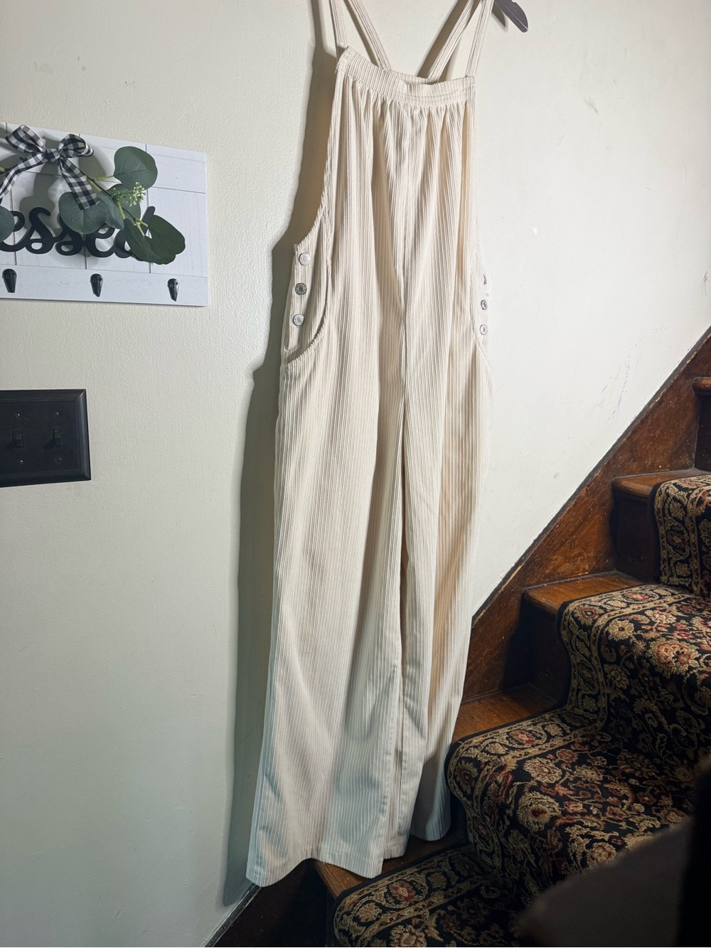 Cream Ribbed Wide-Leg Overall Jumpsuit